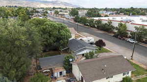 Aerial view of residential area with mountains