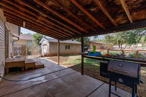 Fenced backyard featuring a patio, an outdoor structure, and area for grilling