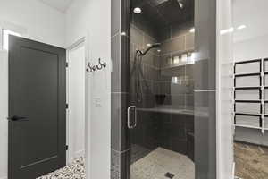 Full bathroom featuring a stall shower and a closet