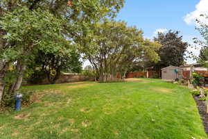 Fenced backyard with a shed