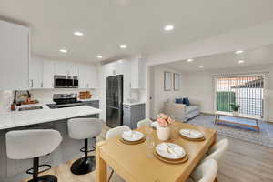 Kitchen, dining space and living space view
