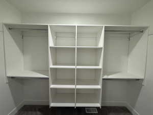 Spacious closet with dark colored carpet