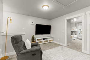 Living room featuring light carpet and a textured ceiling