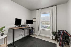 bedroom with light colored carpet