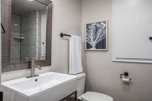 Full bathroom featuring toilet and vanity