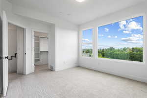 Unfurnished bedroom with a walk in closet and light colored carpet