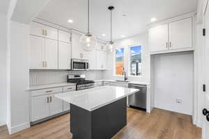 Kitchen with white cabinets, stainless steel appliances, a center island, decorative light fixtures, and decorative backsplash