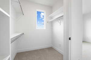 Walk in closet with light colored carpet