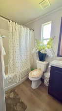 Bathroom with crown molding, vanity, dark wood-style flooring, and shower / bath combo with shower curtain