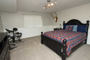Bedroom with wainscoting and light carpet