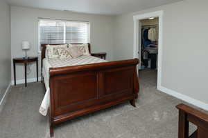 Carpeted bedroom with baseboards and a spacious closet
