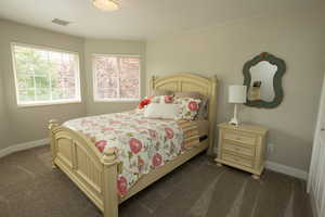 Bedroom featuring baseboards and dark carpet