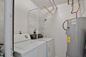 Laundry area featuring electric water heater and washing machine and clothes dryer