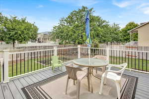 Wooden deck featuring outdoor dining space and a fenced backyard