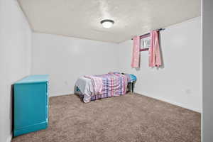Carpeted bedroom with baseboards and a textured ceiling