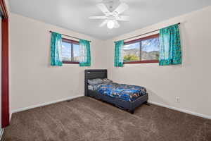 Bedroom with carpet flooring, multiple windows, and ceiling fan