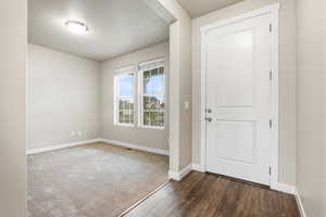 Entryway with wood finished floors and carpet