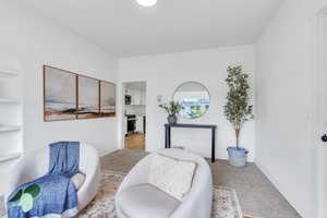 Sitting room featuring carpet and built in shelves
