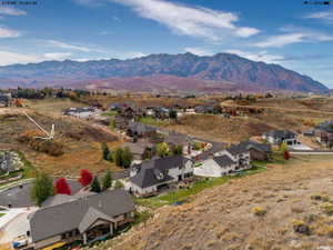 Aerial perspective of suburban area with a mountainous background