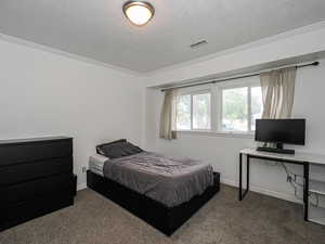 Bedroom with dark carpet, a textured ceiling, and crown molding