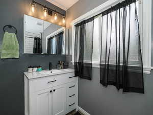Bathroom featuring vanity and dark wood-style floors