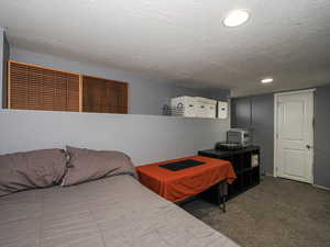 Bedroom featuring dark carpet, recessed lighting, and a textured ceiling