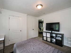 Carpeted bedroom featuring a textured ceiling, a closet, and crown molding