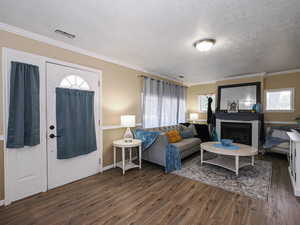 Living room featuring ornamental molding, a textured ceiling, dark wood-type flooring, and a fireplace