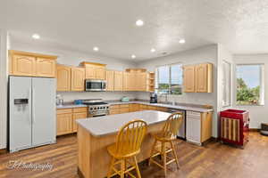 Kitchen featuring light brown cabinets, stainless steel appliances, recessed lighting, a kitchen breakfast bar, and a textured ceiling