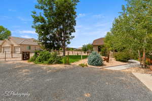 View of front of house with stucco siding and a gate