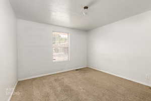 Spare room featuring carpet floors and a textured ceiling