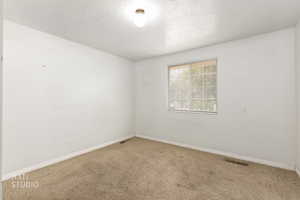 Empty room featuring carpet floors and a textured ceiling