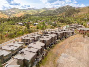 Aerial perspective of suburban area with a mountainous background and a heavily wooded area