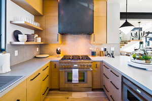 Kitchen with stainless steel appliances, extractor fan, backsplash, open shelves, and hanging light fixtures