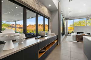 Bathroom with recessed lighting and light tile patterned floors