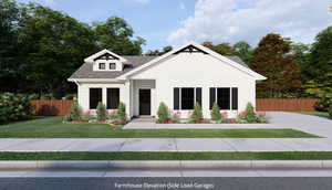 Modern inspired farmhouse featuring roof with shingles