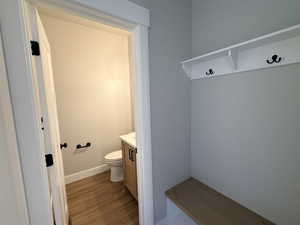 Bathroom with vanity and light wood-style floors