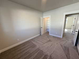 Unfurnished bedroom featuring carpet and a walk in closet