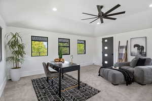 Office / Bonus Room on 2nd floor featuring a ceiling fan, Door to 2nd floor balcony and vaulted ceilings.
