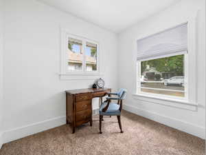 Carpeted bedroom or office with baseboards and a closet