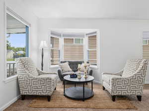 Living area featuring healthy amount of natural light, carpet, and ornamental molding
