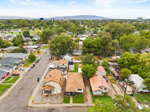 Aerial view of residential area with mountains