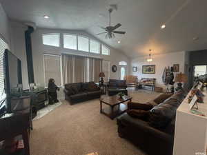 Living area with a wood stove, carpet flooring, recessed lighting, high vaulted ceiling, and a textured ceiling