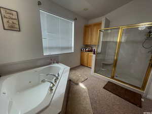 Full bathroom featuring a whirlpool tub and a stall shower