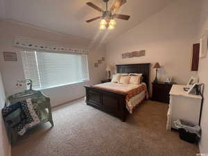 Carpeted bedroom with vaulted ceiling and a ceiling fan