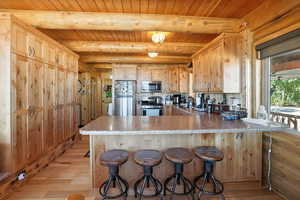 Kitchen featuring a peninsula, light wood-style flooring, appliances with stainless steel finishes, a kitchen bar, and a wooden ceiling with exposed beams