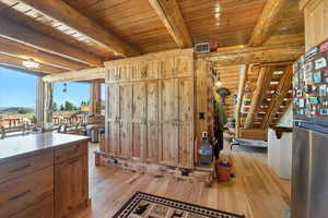 Kitchen with light wood-style flooring, a wood ceiling with exposed beams, freestanding refrigerator, and log walls