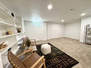 Downstairs family room with above-grade windows