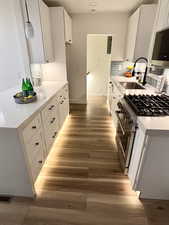 Custom lighting under both the upper and lower cabinets, and lighting going down the railing. High end appliances and quartz counters
