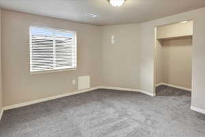 Unfurnished bedroom with carpet and a spacious walk in closet.